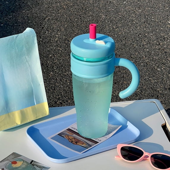 Straw Water Cup, Czzoypi Heat Proof Large Capacity Tumbler, Leak Proof Portable Plastic Straw Cup with Handle for Travel Sports, Sky Blue