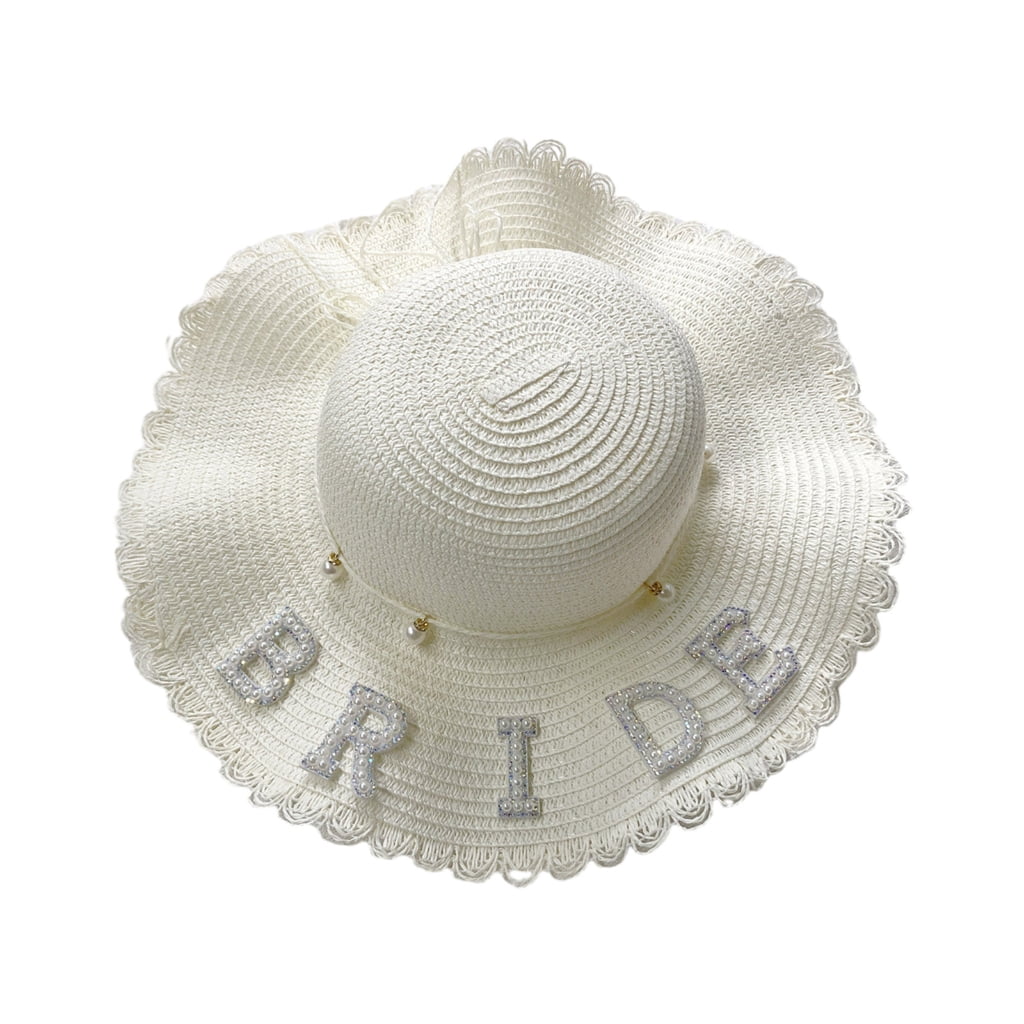 Straw Weaving Brides Hat with Pearl BRIDE/MRS Letter Wedding 