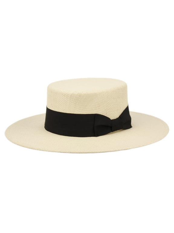 Straw Wide Flat Brim Beach Sun Hats for Women Men Summer Fedora Boater Hat