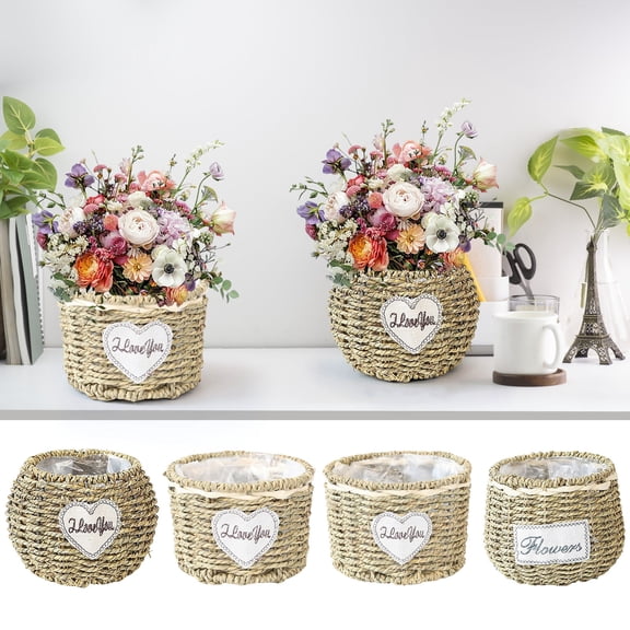 Straw Woven Basin Rattan Woven Flower Basket Handmade Spherical Straw Pot for Succulents and Green Plants Decor(1Pcs) Rkxzt