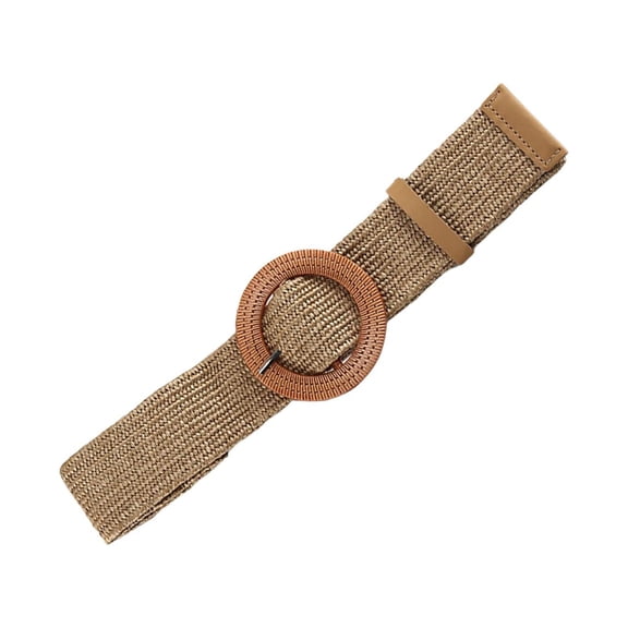 Straw Woven Belt Decorative Belt Casual Lady Waist Belt Round Wooden Buckle Khaki