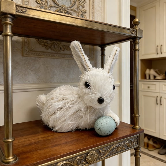 Straw Woven Bunny Figurine Easter Garden Decor White Tailed Rabbit Statue Rustic Craft Tabletop Ornament Home Shelf Display Spring Holiday Decoration Gift Indoor Outdoor Accent