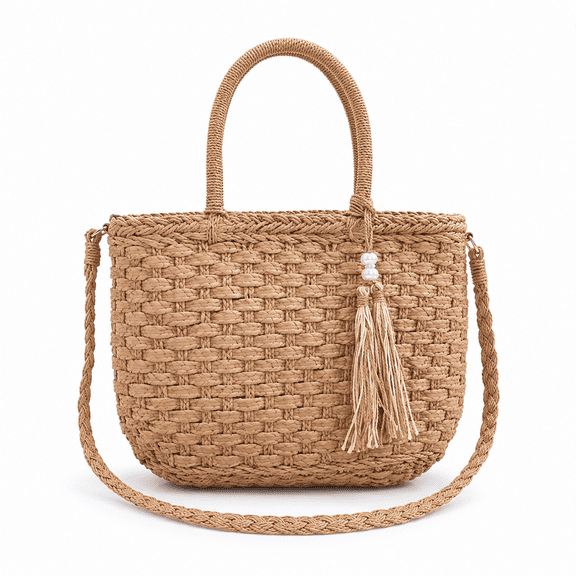 Straw Woven Crossbody Bag and Top-Handle Handbag, 3-Strand Paper Rope Braided Purse with Elegant Pearl and Fringe Accents, Lightweight Summer Beach Bag for Travel, Vacation, and Daily Wear