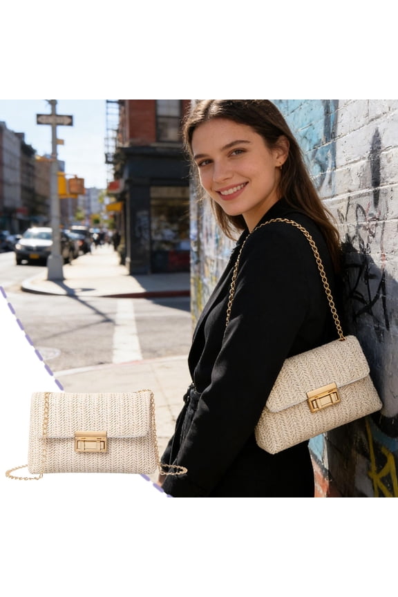 Straw Woven Double Lock Shoulder Bag, Natural Material Crossbody for Summer and Beach
