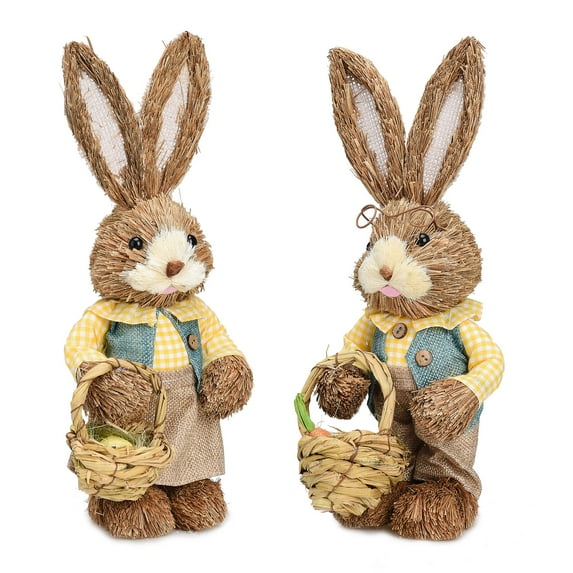 Straw Woven Easter Bunny Decoration 2Pcs Cute Party Pastoral Fabric Decorations Rabbit