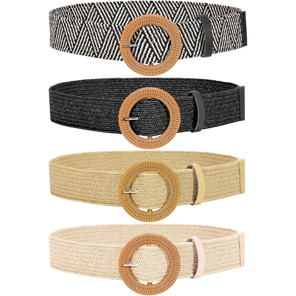 Straw Woven Elastic Stretch Belts Women, Wide Boho Braided Dress Belts with Wooden Style Buckle