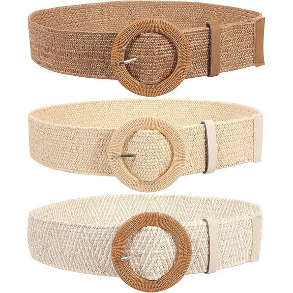 Straw Woven Elastic Stretch Belts Women, Wide Boho Braided Dress Belts with Wooden Style Buckle
