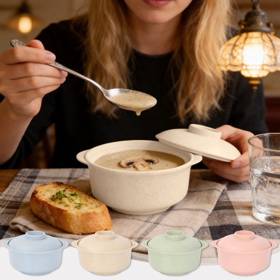 Straw Woven Rice Bowls With Lids, Household Tableware Soup Bowls Featuring Double Ear Handles and Plastic Construction for Learner Instant Noodles, Soaking Bowls and Daily Kitchen Use, Durable and