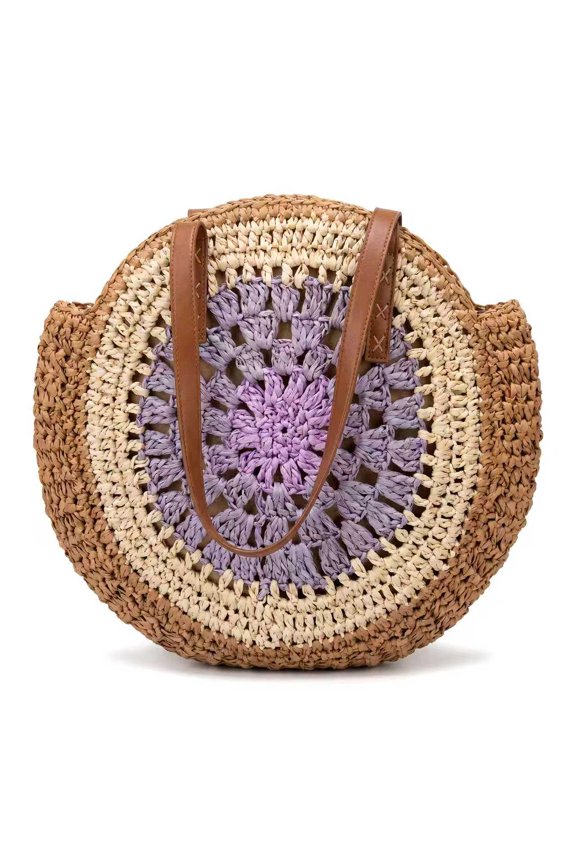 Straw Woven Shoulder Bag Round Crochet Tote Purse with Gradient Concentric Circles Pattern and Wide Leather Straps for Summer Beach Vacation