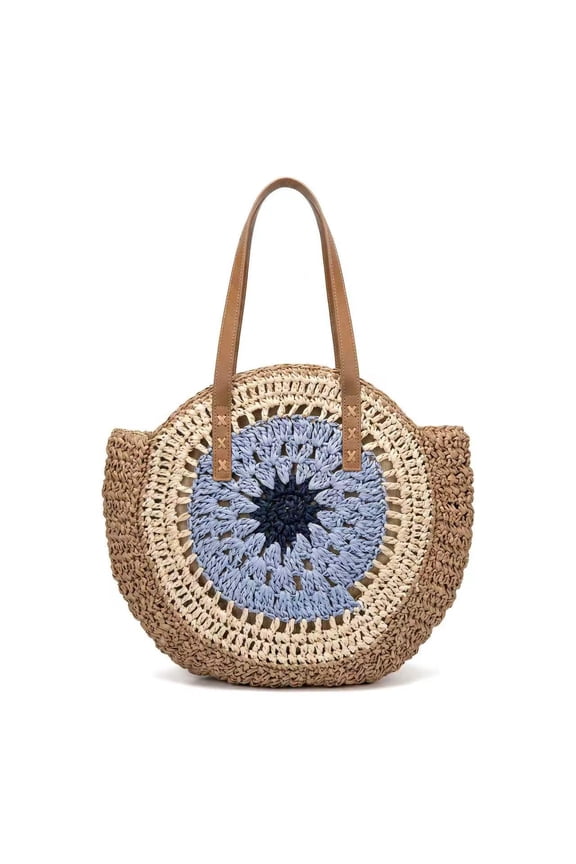 Straw Woven Shoulder Bag Round Crochet Tote Purse with Gradient Concentric Circles Pattern and Wide Leather Straps for Summer Beach Vacation