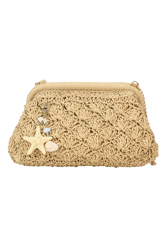 Straw Woven Shoulder Bag With Chain Hollowed-Out Sling Pouch Solid Color Summer Seaside Handwoven Clutch Gift for Women (Beige)