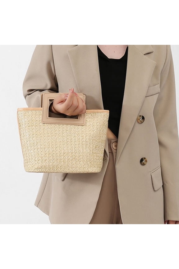 Straw Woven Structured Tote Handbag, Large Capacity Square Handle Bag for Summer Beach & Daily Use