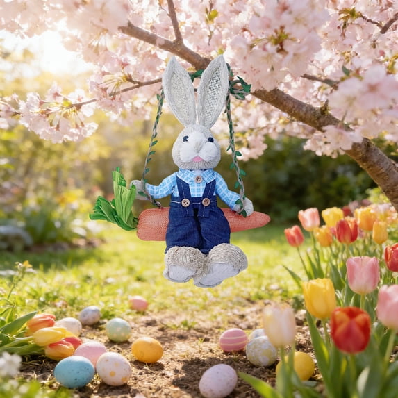 Straw Woven Swinging Bunny Hanging Rabbit Ornament Easter Bunny Decor for Porch Balcony Garden Yard Spring Handwoven Rabbit
