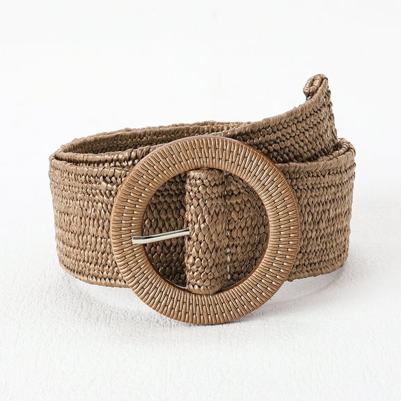 Straw Woven stretchy Waist Belt for Women Dresses,Wide Boho Braided Elastic Belt with Round Buckle