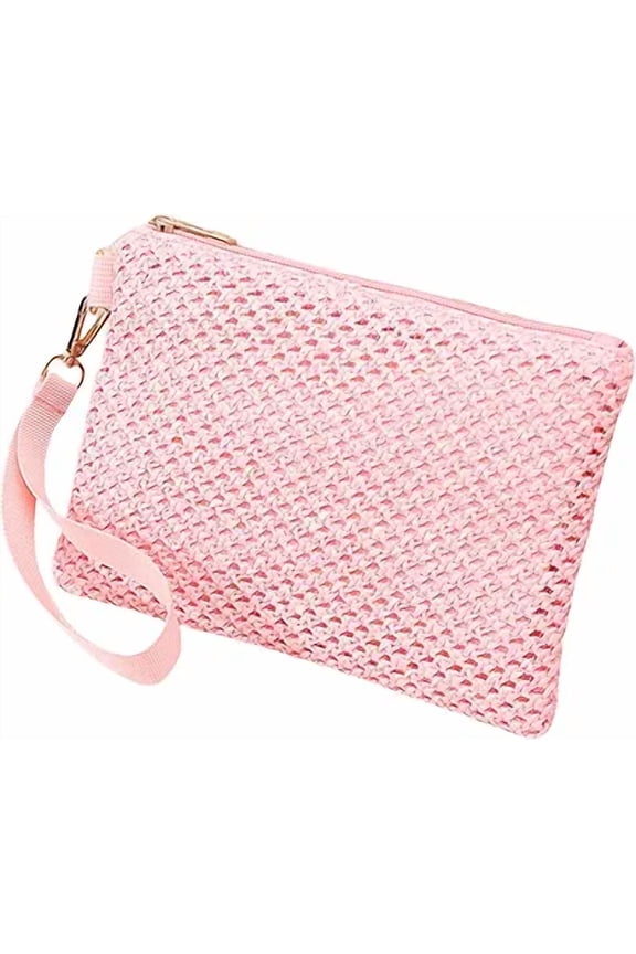 Straw Wristlet Handbag Beach Vacation Woven Envelope Purse Small Zippered Women's Handbag Pink 1 Pc