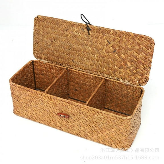 Straw storage basket handmade woven sundry storage household with lid square desktop three compartments partition storage basket,Orange