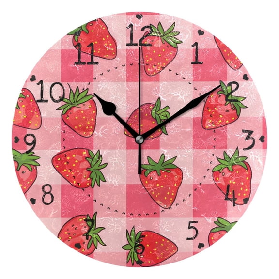 Strawberries Cartoon Round Wall Clock Silent Analog Battery Operated Black Pointer Home Decor 9.84" Diameter