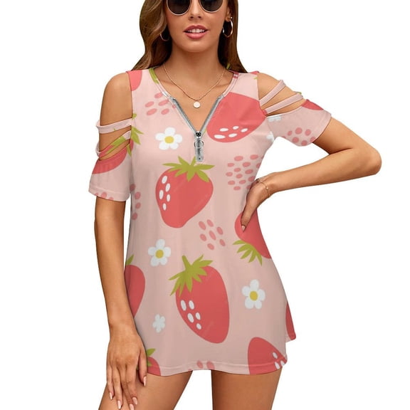 Strawberries Colorful Pink Red Green Womens Summer V Neck Zipper Top Short Sleeve T Shirt Off Shoulder Top Casual Classy Loose Shirts