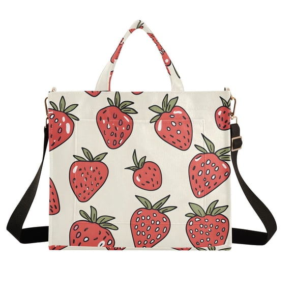 Strawberries Corduroy Tote Bag Handbag Large Messenger Bag Shoulder Crossbody Zipper Bag Purse