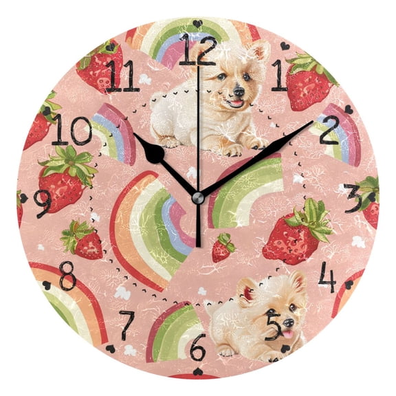 Strawberries Cute Puppies Rainbows Round Wall Clock Silent Analog Battery Operated Black Pointer Home Decor 9.84" Diameter