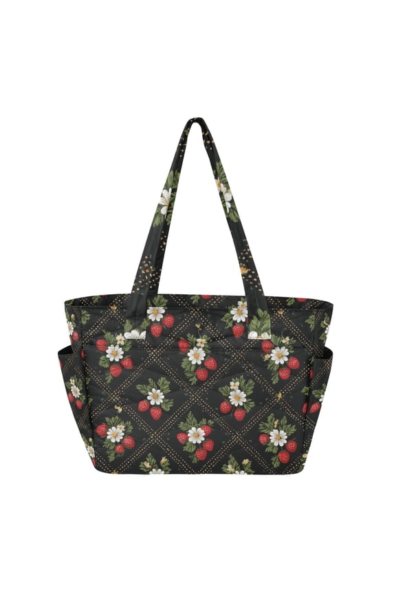 Strawberries Daisies on Black Plaids Women's Quilted Tote HandBag Beach Bag Shoulder Bag with Luggage Strap 18L for Commute Gym Travel