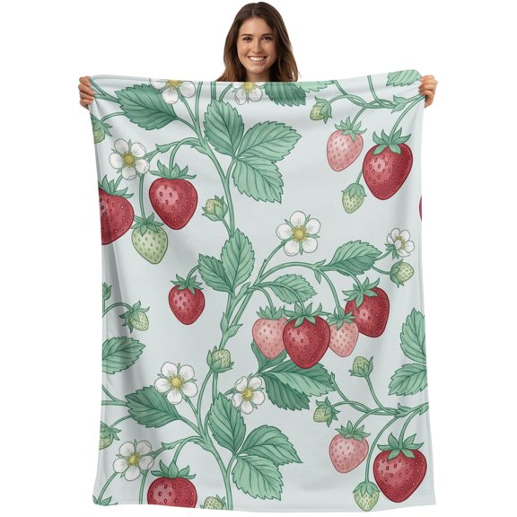 Strawberries Farmhouse Blanket Soft Cozy Warm Throw Blanket for Couch, Plush Fuzzy Flannel Blankets for Sofa, Sage Green Vines Botanical Bed Blankets Lightweight Gifts for Women, 50"x60"