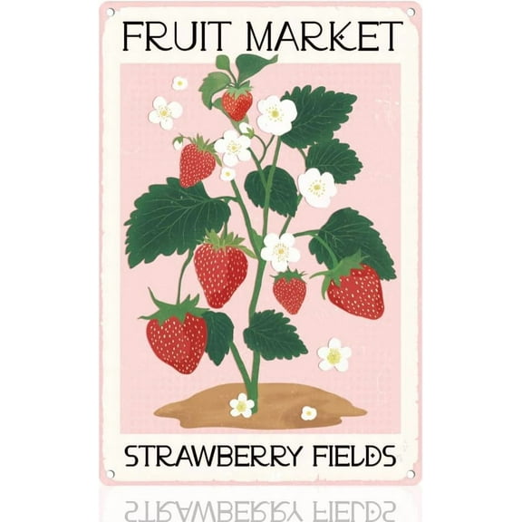 Strawberries Fields Retro Wall Decor Metal Tin Sign 8" x 12" Farm Fruit Market Vintage Wall Art Poster for Farmhouse Barn Garden Outdoor Clubs Room Home Coffee Cafes Decor Gift