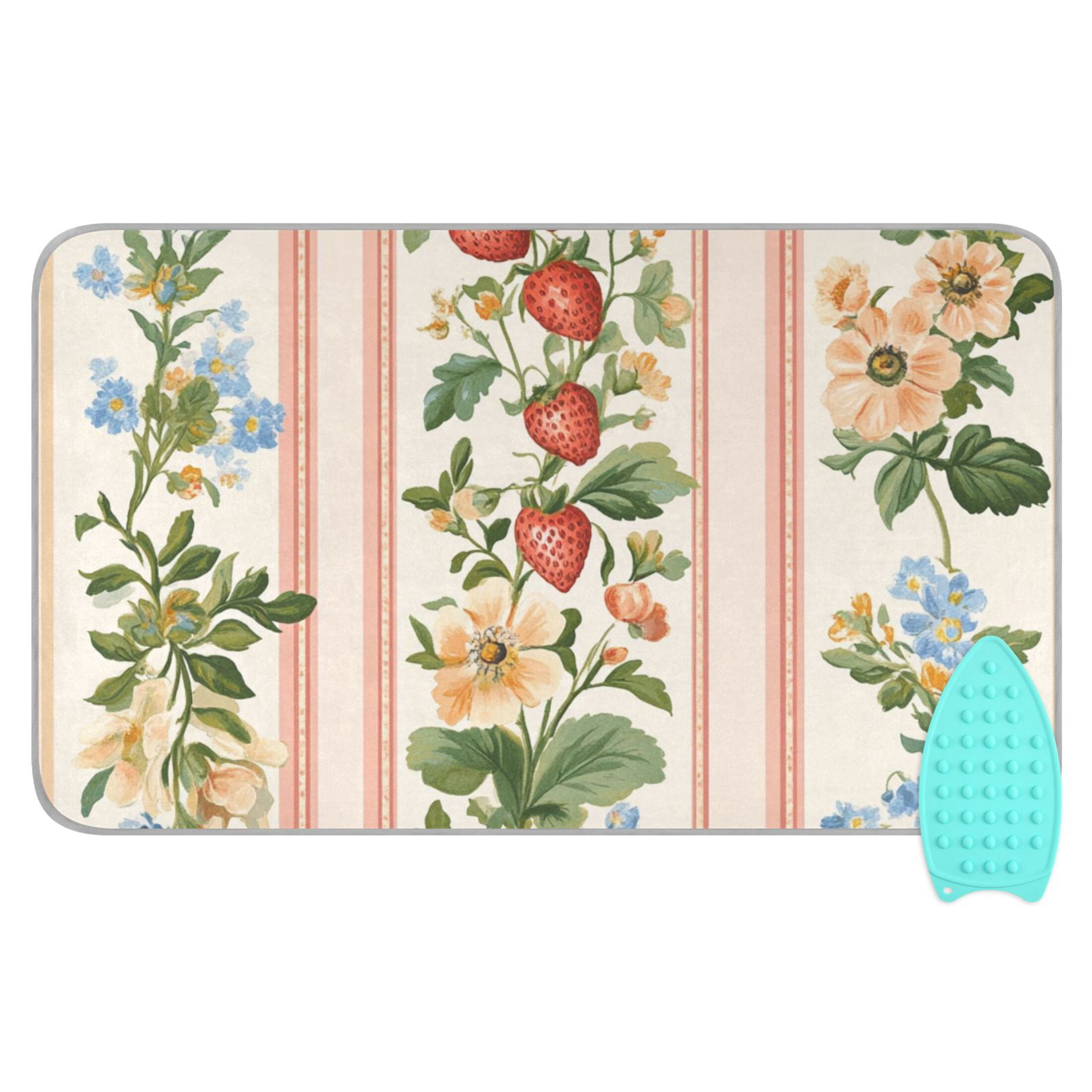 Strawberries Florals Vines Stripes Retro Ironing Mat Blanket Portable Travel Ironing Pad Heat Resistant Pad 47.2" x 27.6”