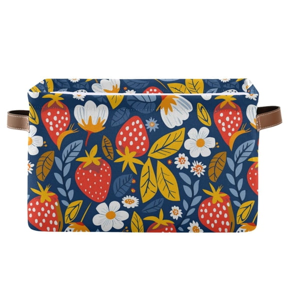 Strawberries Flowers Leaf Storage Bins with Handle Fabric Organizer Basket Foldable Box 1 Pack 14.2x10.2x8.3