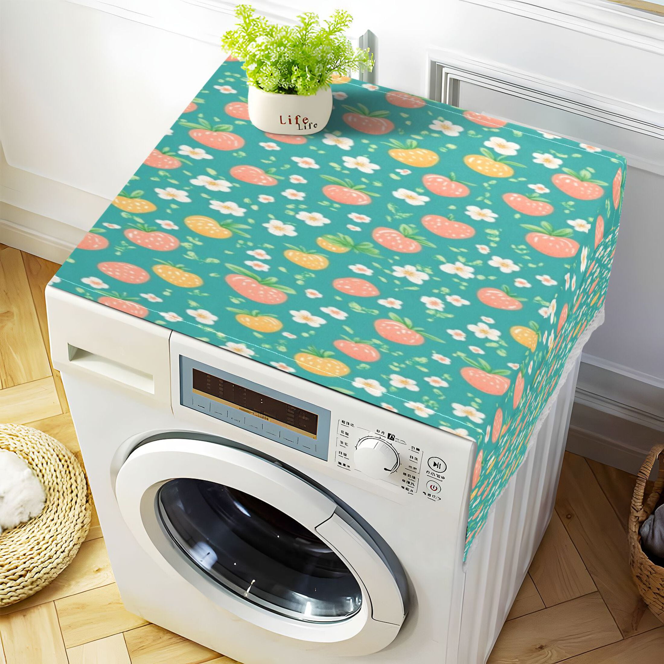 Strawberries and Flowers PatternWasher and Dryer Covers Dust-Proof and Oil Resistant Fridge Cover with 4 Storage Pockets Washing Machine Top Cover for Laundry Kitchen Home 51.2 x 22 In