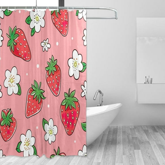 Strawberries Flowers Shower Curtain Waterproof Fabric with 12 Hooks Bathroom Decorative Bath Curtain Set Polyester Fabric Machine Washable 60 x 72 Inch