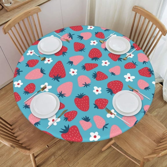 Strawberries Flowers Turquoise Fitted Round Tablecloth Waterproof Table Cloth with Elastic Edge Wipe Clean Table Covers for Indoor Outdoor Fits 45"-50", Medium
