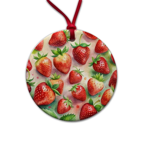Strawberries Fruit Watercolor Christmas Tree Holiday Round Ceramic Ornament
