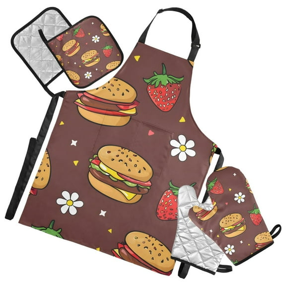 Strawberries Hamburgers Daisies Apron Set with Oven Mitts Pot Holders Set of 5 Kitchen Stuff Accessories