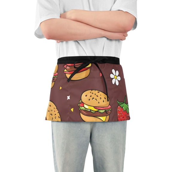 Strawberries Hamburgers Daisies Short Server Apron with 3 Pockets for Unisex Chef Gardening