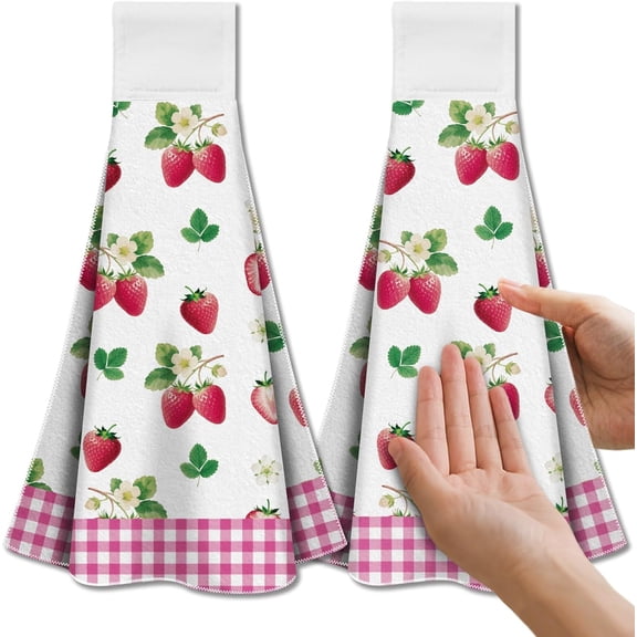 Strawberries Hanging Kitchen Towels with Loop Set of 2 - Soft & Super Absorbent Microfiber Decorative Hanging Dish & Hand Towel