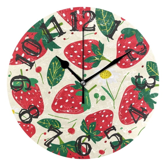 Strawberries Leaves Flowers 10 inch Wall Clocks Non Ticking Easy to Read Battery Decorative for Home Bathroom Kitchen Bedroom Living Room