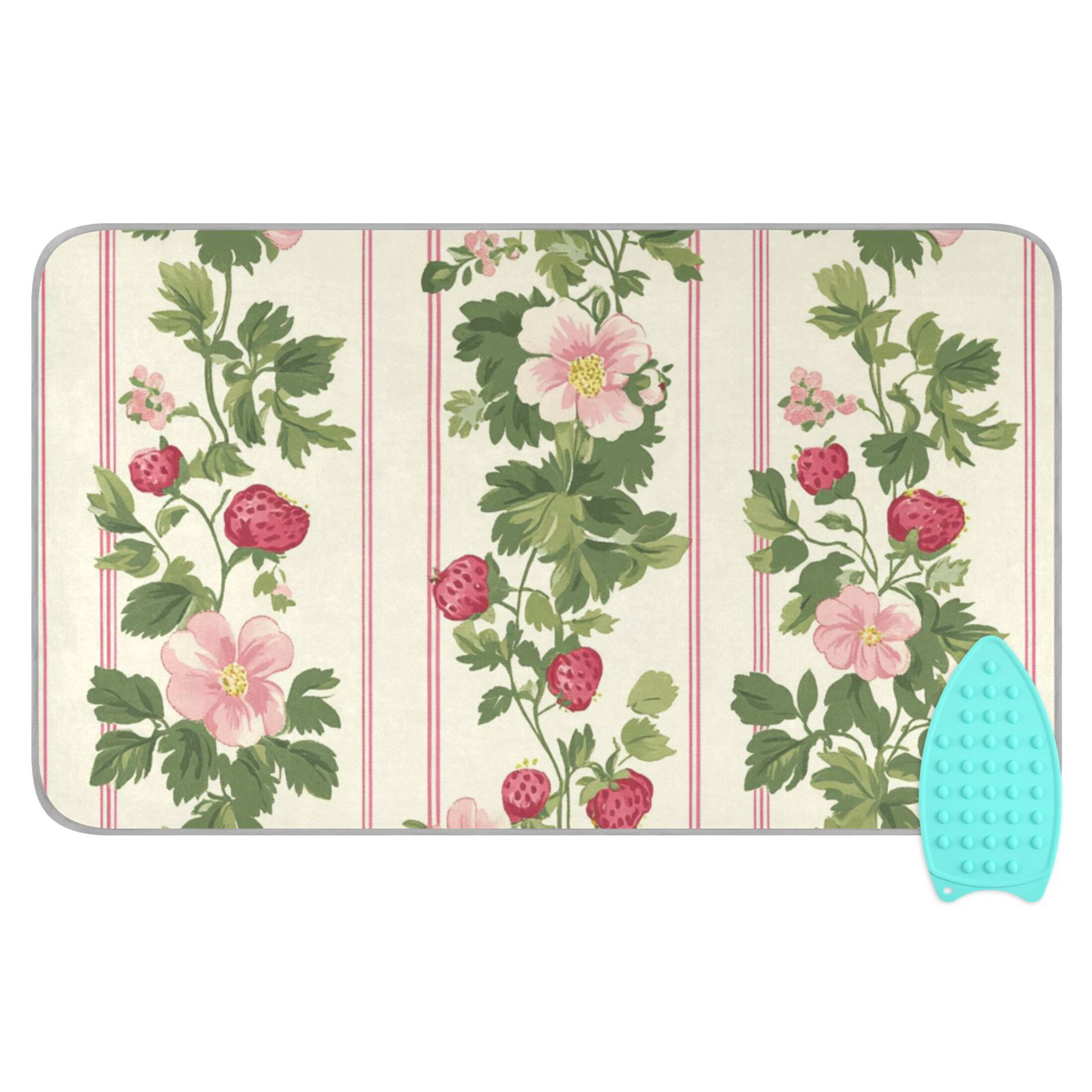 Strawberries Leaves Flowers Pastel Color Ironing Mat Blanket Portable Travel Ironing Pad Heat Resistant Pad 47.2" x 27.6”