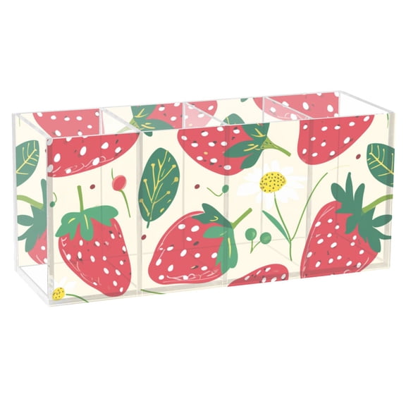 Strawberries Leaves Flowers Pencil Pen Cosmetic Holder Cup Makeup Brush Holder Desk Accessories Holder Acrylic Organizer for Office School Home