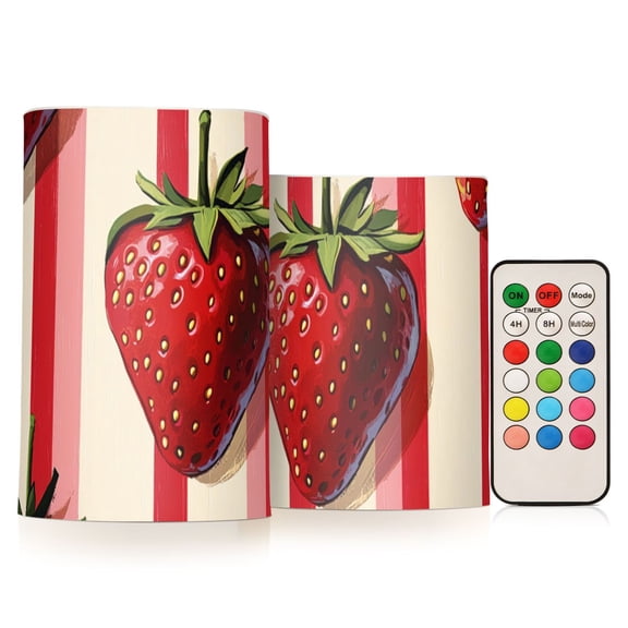 Strawberries Narrow Vertical Stripes Flickering Flameless Candles LED Tealight Battery Operated with Remote Set of 2 Holiday Decor Ornaments