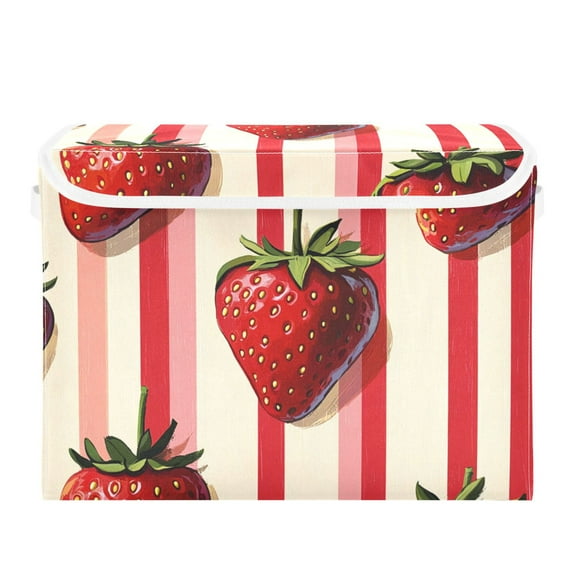 Strawberries Narrow Vertical Stripes Foldable Storage Bin with Lid and Handle Collapsible Storage Box 16.5 x 12.6 x 11.8 inches