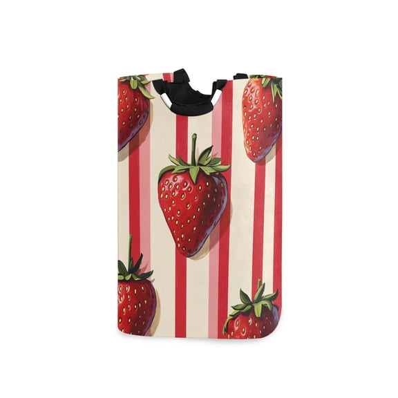 Strawberries Narrow Vertical Stripes Laundry Basket with Handles Foldable Laundry Hamper Freestanding Washing Bin 50L