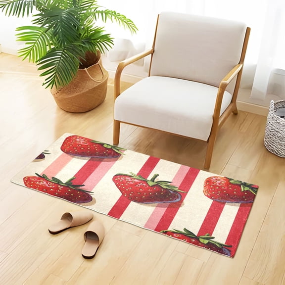 Strawberries Narrow Vertical Stripes Plush Carpet Non Slip Runner Rug Absorbent Bath Mat 39" x 20"