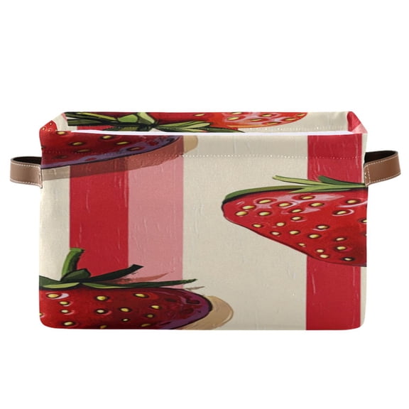 Strawberries Narrow Vertical Stripes Square Storage Bins with Handles Collapsible Containing Box 1 Pack