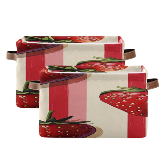 Strawberries Narrow Vertical Stripes Square Storage Bins with Handles Collapsible Containing Box 2 Packs