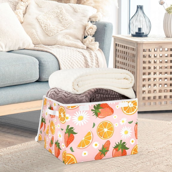Strawberries Oranges Daisy Flowers Storage Basket Foldable Laundry Basket Shelf Kids Toy Storage Container Organizer with Handles