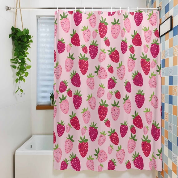 Strawberries on Pink Background Shower Curtain for Bathroom, Cute Red Fruit Waterproof Shower Curtains Washable Quick Dry with Hooks Bathtub Curtains 36x72IN