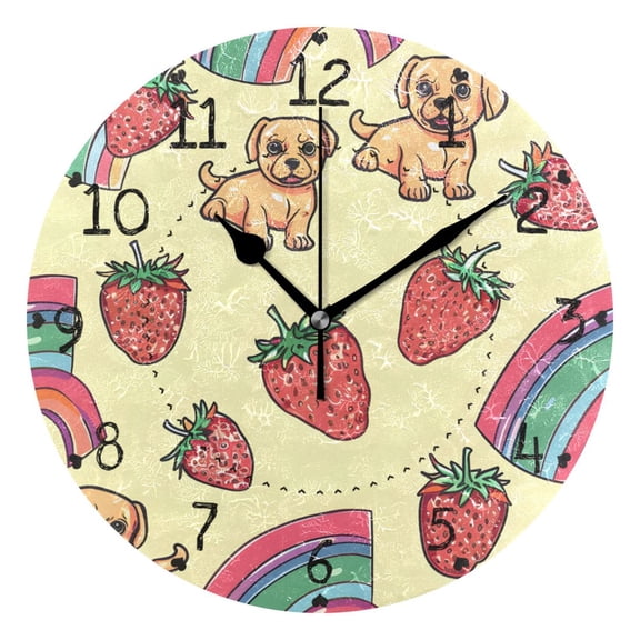 Strawberries Rainbows Puppies Cartoon Round Wall Clock Silent Analog Battery Operated Black Pointer Home Decor 9.84" Diameter