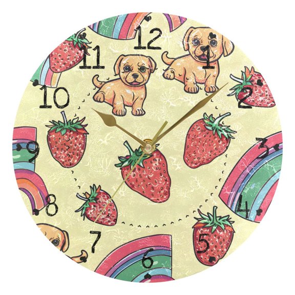Strawberries Rainbows Puppies Cartoon Round Wall Clock Silent Analog Battery Operated Gold Pointer Home Decor 9.84" Diameter
