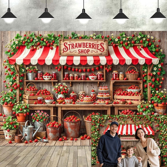 Strawberries Shop Photography Backdrop, Rustic Berry Market Red White Awning Background for Kids Birthday Party Baby Shower Photo Booth Decorations Banner, 6x4ft